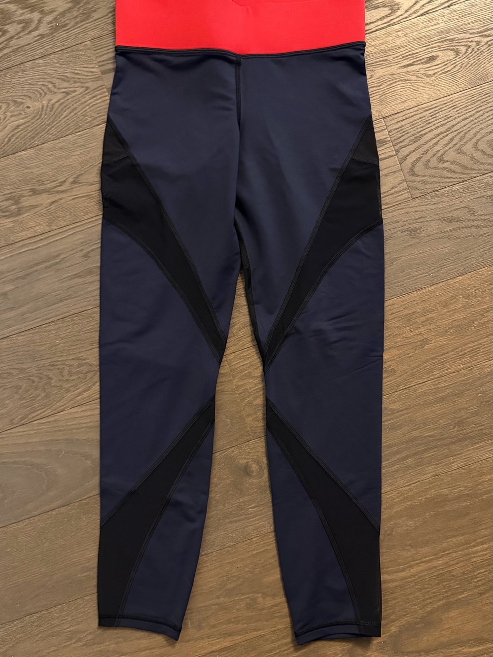 MICHI Navy Leggings with Red Waistband and Black Panels